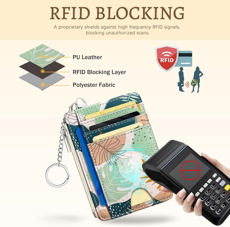 Kelvoris حامل بطاقات ائتمان بأوراق بوهيمية تجريدية صغير للنساء، محفظة رفيعة مع تقنية حجب RFID، سلسلة مفاتيح مع جيب عملات بسحاب، حقيبة سفر رفيعة مع نافذة هوية، هدايا للنساء - Image 4